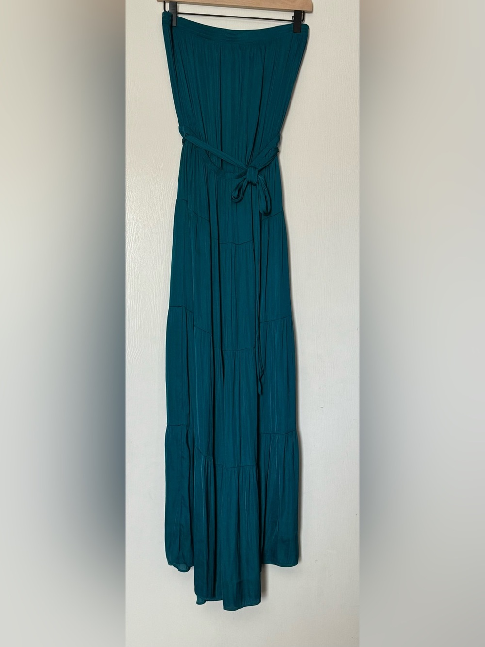 Naked Zebra Teal Strapless Tiered Maxi Dress with Waist Tie
